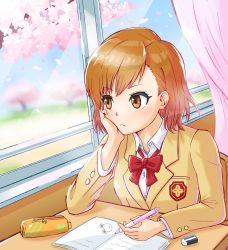 Rule 34 | 1girl, bokumon24, brown eyes, brown hair, cherry blossoms, frown, head rest, highres, mechanical pencil, misaka mikoto, pencil, pencil case, red neckwear, school, short hair, solo, sweater vest, toaru majutsu no index, window