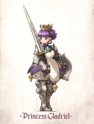 Rule 34 | 1girl, armor, armored dress, bloomers, boots, braid, character name, crown, earrings, english text, gauntlets, gradriel, greaves, highres, holding, holding sword, holding weapon, ironlily, jewelry, knee boots, princess, princess crown, purple eyes, purple hair, short hair, solo, sword, underwear, weapon, white bloomers