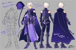 Rule 34 | 1boy, armor, belt, cape, character sheet, clenched hand, detached sleeves, english text, fate/grand order, fate (series), full body, galahad (fate), grey background, gurekan25, hair over one eye, male focus, purple eyes, simple background, twitter username, white hair
