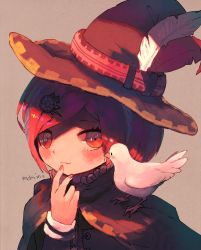 Rule 34 | 1girl, absurdres, animal, animal on shoulder, bad id, bad pixiv id, bird, blush, bob cut, cloak, closed mouth, commentary request, danganronpa (series), danganronpa v3: killing harmony, dove, finger to mouth, food, fruit, hair ornament, hat, hat feather, highres, huge filesize, long sleeves, looking at viewer, manino (mofuritaionaka), orange (fruit), portrait, red hair, red hat, short hair, signature, solo, swept bangs, witch hat, yumeno himiko