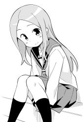 Rule 34 | 1girl, absurdres, anbe masahiro, blouse, blush stickers, closed mouth, commentary request, dot nose, feet out of frame, from side, greyscale, halftone, hatching (texture), highres, karakai jouzu no takagi-san, kneehighs, knees together feet apart, leaning forward, linear hatching, long hair, long sleeves, looking at viewer, looking to the side, monochrome, neckerchief, parted bangs, pleated skirt, school uniform, serafuku, shirt, simple background, sitting, skirt, smile, socks, solo, split mouth, straight hair, takagi-san, tareme, white background