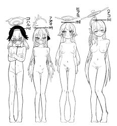 Rule 34 | 4girls, ahoge, arms behind back, azusa (blue archive), blue archive, blush, bow, braid, breasts, character name, closed eyes, closed mouth, completely nude, feathered wings, female pubic hair, guman project, hair between eyes, hair bow, halo, hanako (blue archive), hat, head wings, height chart, height difference, hifumi (blue archive), koharu (blue archive), long hair, looking at another, looking at viewer, medium breasts, multiple girls, navel, nipples, nude, pubic hair, simple background, small breasts, smile, standing, very long hair, white background, winged hat, wings