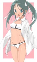 Rule 34 | 1girl, bikini, black hair, breasts, collared shirt, cowboy shot, dark-skinned female, dark skin, dress shirt, francesca lucchini, green eyes, groin, highres, long hair, open clothes, open mouth, open shirt, remoso, shirt, small breasts, smile, solo, strike witches, swimsuit, white bikini, white shirt, world witches series