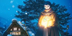 Rule 34 | 1boy, black hair, brown coat, cabin, closed mouth, coat, fate/grand order, fate (series), gloves, green eyes, highres, lantern, long sleeves, magnifying glass, official art, outdoors, paper lantern, scarf, sherlock holmes (fate), short hair, smile, snowing, tree, winter, yamanaka kotetsu