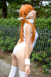 Rule 34 | 1girl, asian, blurry, bodysuit, cosplay, cowboy shot, depth of field, highres, hisame chirumi, leotard, orange hair, outdoors, photo (medium), serio (to heart), solo, spandex, thighhighs, to heart, to heart (series), tree, white leotard, white thighhighs