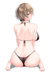 Rule 34 | 1girl, absurdres, ass, backboob, barefoot, bikini, black bikini, black bow, bow, breasts, butt crack, commentary, from behind, hair bow, highres, honkai (series), honkai impact 3rd, large breasts, light brown hair, looking back, match (scp115), median furrow, mole, mole under eye, red eyes, rita rossweisse, shadow, short hair, solo, swimsuit