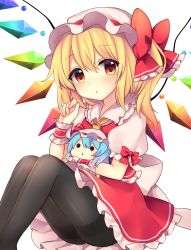 Rule 34 | &gt;:), 1girl, :o, absurdres, ascot, asymmetrical wings, black pantyhose, black thighhighs, blonde hair, blush, bow, character doll, commentary request, dress, eyelashes, flandre scarlet, frilled shirt collar, frilled skirt, frills, hair between eyes, hair ribbon, hat, highres, hugging object, light purple hair, looking at viewer, mob cap, multicolored wings, objectification, open mouth, pantyhose, puffy short sleeves, puffy sleeves, rainbow order, red dress, red eyes, red skirt, red vest, remilia scarlet, ribbon, ruhika, short hair, short sleeves, side ponytail, skirt, smile, solid circle eyes, solo, thighhighs, thighs, touhou, triangle mouth, v-shaped eyebrows, vest, white hat, wings