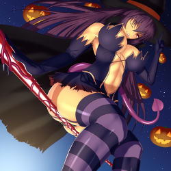 Rule 34 | 1girl, artist request, ass, breasts, cape, cleavage, elbow gloves, fate/grand order, fate (series), gloves, halloween costume, hat, highres, jack-o&#039;-lantern, large breasts, long hair, navel, night, night sky, one eye closed, polearm, purple hair, red eyes, scathach (fate), sitting, sky, smile, solo, striped legwear, tail, weapon, wink, witch hat