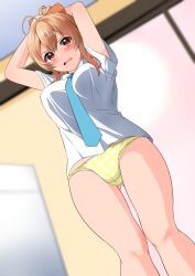 Rule 34 | 1girl, absurdres, ahoge, arms up, blue neckerchief, blurry, blurry background, blush, bow, brooch, brown eyes, brown hair, commentary request, commission, crotch seam, depth of field, dress shirt, dutch angle, frown, girlfriend (kari), gluteal fold, hair bow, hair ornament, hairclip, hands on own head, highres, indoors, jewelry, kisaragi setsu (mssk8485), looking at viewer, neckerchief, no pants, open mouth, orange bow, panties, partial commentary, pixiv commission, polka dot, polka dot panties, ponytail, sakurai akane (girlfriend), shirt, short sleeves, solo, standing, underwear, white shirt, wing brooch, yellow panties