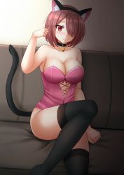 Rule 34 | 1girl, animal ear fluff, animal ears, ass, bare arms, bare shoulders, bell, black choker, black hairband, black thighhighs, blush, breasts, brown hair, cat ears, cat girl, cat tail, choker, cleavage, closed mouth, collarbone, commentary, couch, fake animal ears, feet out of frame, hair over one eye, hairband, hand up, highres, hoshino miyako (wataten), indoors, jingle bell, kazenokaze, kittysuit, large breasts, leotard, neck bell, nontraditional playboy bunny, nose blush, on couch, paw pose, pink leotard, red eyes, short hair, sitting, solo, strapless, strapless leotard, tail, thighhighs, thighs, watashi ni tenshi ga maiorita!, wavy mouth