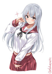 Rule 34 | 1girl, alternate costume, black neckerchief, breasts, brown eyes, cowboy shot, ebifurya, full body, highres, kantai collection, large breasts, long hair, looking at viewer, neckerchief, pleated skirt, red sailor collar, red skirt, sailor collar, school uniform, shoukaku (kancolle), simple background, skirt, smile, twitter username, white background, white hair
