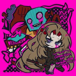 Rule 34 | 1girl, black pants, black shirt, blood, blue eyes, bow, brown coat, brown hair, closed mouth, coat, coco (556ch0cl8), highres, limbus company, long hair, looking at viewer, pants, parted bangs, pink blood, pink bow, pink ribbon, pink shoes (project moon), project moon, ribbon, rodion (project moon), shirt, smile, solo, very long hair, you want to get beat? hurtily?