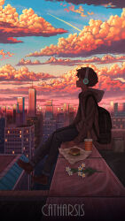 Rule 34 | 1boy, absurdres, backpack, bag, blue sky, building, burger, cloud, contrail, cup, disposable cup, english text, evening, facing to the side, flower, food, headphones, highres, hood, hood down, jacket, long sleeves, male focus, original, pants, pasoputi, rooftop, scenery, shoes, short hair, sitting, sky, town, twilight