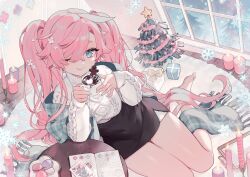 Rule 34 | 1girl, ;d, bare legs, barefoot, black skirt, blue eyes, christmas, christmas tree, closed mouth, cup, flower, hair flower, hair ornament, holding, holding cup, indoors, long hair, long sleeves, one eye closed, open mouth, original, pink hair, saku nosuke, skirt, sleeves past wrists, smile, snowflakes, solo, suzette (sa9no), sweater, turtleneck, turtleneck sweater, twintails, very long hair, window