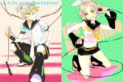 Rule 34 | 1boy, 1girl, bad id, bad pixiv id, blonde hair, brother and sister, blowing bubbles, chewing gum, detached sleeves, hair ribbon, headset, kagamine len, kagamine rin, microphone, midriff, necktie, ribbon, short hair, short shorts, shorts, siblings, taira, twins, vocaloid, yellow eyes