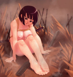 Rule 34 | 1girl, barefoot, black eyes, black hair, breasts, commentary, english commentary, harness, highres, inverted nipples, katana, large breasts, lips, looking at viewer, nipples, nude, sheath, sheathed, short hair, sitting, solo, soumakyo, sword, sword behind back, toes, uq holder!, weapon, yuuki karin