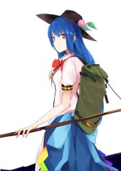 Rule 34 | 1girl, backpack, bag, black hat, blouse, blue bow, blue hair, blue skirt, bow, carrying, food, from side, fruit, hat, highres, hinanawi tenshi, large bow, long hair, long skirt, looking at viewer, looking back, peach, rainbow gradient, rainbow order, red bow, red eyes, shirt, short sleeves, skirt, solo, standing, sword of hisou, tetsurou (fe+), touhou, white shirt