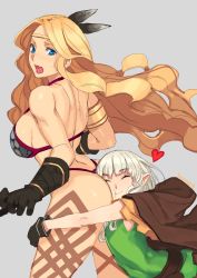 Rule 34 | 2girls, :&gt;, absurdres, amazon (dragon&#039;s crown), armor, ass, bikini armor, black gloves, blonde hair, blue eyes, blush, breasts, circlet, commission, dragon&#039;s crown, elf, elf (dragon&#039;s crown), gloves, heart, highres, hug, hug from behind, large breasts, leg tattoo, long hair, looking back, multiple girls, open mouth, pointy ears, sideboob, silver hair, small breasts, smile, sunna (nilsunna), sweatdrop, tattoo, toned, yuri