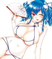 Rule 34 | 1girl, adapted costume, alternate costume, arm support, azur lane, bikini, blue hair, bow, braid, breasts, china dress, chinese clothes, chinese knot, cleavage, collarbone, cowboy shot, dress, eyelashes, folding fan, hair bow, hair intakes, hand fan, hand up, holding, holding fan, large breasts, marker (medium), navel, one eye closed, open mouth, pink eyes, ribbon, rotkappchen388859, simple background, solo, st. louis (azur lane), st. louis (blue and white pottery) (azur lane), swimsuit, tassel, thighs, traditional media, twin braids, two side up, white background, white bikini, white bow, white ribbon