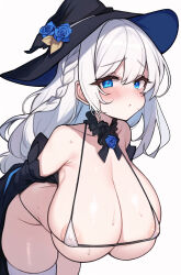 Rule 34 | :o, absurdres, areola slip, bare shoulders, bikini, black collar, blue eyes, blue flower, blue rose, blush, braid, breasts, cleavage, collar, collarbone, covered erect nipples, cowboy shot, eyelashes, flower, french braid, frilled collar, frills, furrowed brow, hair between eyes, hat, highres, huge breasts, leaning forward, long hair, looking at viewer, micro bikini, open mouth, oppai loli, original, rose, rose neru, single thighhigh, standing, string bikini, sweat, swimsuit, tearing up, thighhighs, thighs, white background, white bikini, white hair, white thighhighs, witch hat