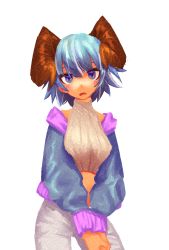 Rule 34 | 1girl, absurdres, blue hair, darandy, detached sleeves, female focus, highres, horns, looking at viewer, open mouth, original, pants, short hair, simple background, solo, white background
