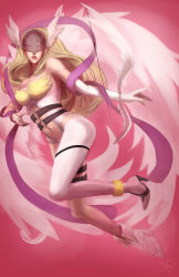 Rule 34 | 1girl, absurdres, angewomon, artist request, blonde hair, covered eyes, digimon, digimon (creature), gloves, high heels, highres, lips, long hair, sash, shoes, solo, wings