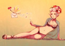 Rule 34 | 1girl, bad id, bad pixiv id, bra, breasts, envelope, fairy, flower, large breasts, letter, lingerie, mail, morifumi, original, panties, pointy ears, sandals, solo, underwear, underwear only