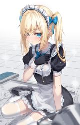 Rule 34 | 1girl, absurdres, apron, black dress, black footwear, black gloves, blonde hair, blue bow, blue bowtie, blue eyes, blurry, blurry foreground, blush, bow, bowtie, breasts, broom, bucket, center frills, closed mouth, collared shirt, commentary request, dress, earrings, eyes visible through hair, frilled dress, frilled hairband, frills, frown, gloves, hair bow, hairband, hand up, high heels, highres, jewelry, kira (kira78718520), long hair, looking at viewer, maid, maid apron, maid headdress, original, puffy short sleeves, puffy sleeves, shirt, short sleeves, sidelocks, sitting, small breasts, solo, spill, swept bangs, thighhighs, thighs, tile floor, tiles, twintails, v-shaped eyebrows, waist apron, wariza, water, wet, white apron, white background, white hairband, white shirt, white thighhighs