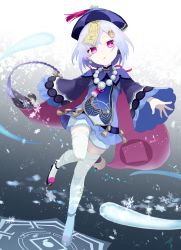 Rule 34 | 1girl, absurdres, aura, bead necklace, beads, coin hair ornament, dress, full body, genshin impact, ghost, hair ornament, hakuya rei, hat, highres, jewelry, jiangshi, light particles, looking at viewer, necklace, purple dress, purple eyes, purple hair, qingdai guanmao, qiqi (genshin impact), snowflakes, snowing, thighhighs, wide sleeves