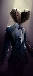 Rule 34 | 1other, black bow, black bowtie, blue archive, bow, bowtie, business suit, crack, cropped legs, formal, highres, light particles, looking at viewer, maestro (blue archive), monster, multiple heads, nail, solo, spotlight, standing, suit, suujiniku, wood