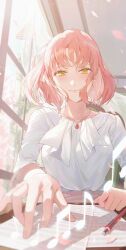 Rule 34 | 1girl, absurdres, blurry, blush, cherry blossoms, curtains, depth of field, falling petals, highres, indoors, jewelry, lens flare, light particles, long sleeves, looking at viewer, musical note, nanami haruka, necklace, pen, petals, pink hair, reg (regulus iii), sheet music, shirt, short hair, smile, solo, table, transparent curtains, upper body, uta no prince-sama, white shirt, wind, window, yellow eyes