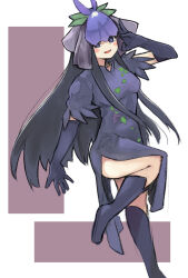 Rule 34 | 1girl, black footwear, black gloves, black hair, china dress, chinese clothes, dress, elbow gloves, flower, flower on head, ginnkei, gloves, grape print, leaf print, long hair, looking at viewer, orchid, puffy short sleeves, puffy sleeves, purple dress, purple eyes, short sleeves, smile, solo, touhou, yomotsu hisami
