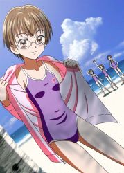 Rule 34 | 00s, 1girl, beach, brown eyes, brown hair, cloud, day, dutch angle, eyelashes, glasses, jacket, masuko mika, natsuhina, no pants, ocean, one-piece swimsuit, open clothes, open jacket, open shirt, outdoors, precure, purple one-piece swimsuit, sand, school swimsuit, shirt, short hair, sky, solo, swimsuit, swimsuit under clothes, yes! precure 5