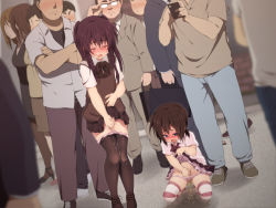 Rule 34 | 2boys, adjusting eyewear, androgynous, blue eyes, blush, brothers, brown hair, censored, closed eyes, clothes lift, clothes pull, crossdressing, crowd, cum, cum on clothes, dress, dress lift, glasses, highres, hinahara hajime, loafers, masturbation, multiple boys, onlookers, open mouth, outdoors, panties, panty pull, pantyhose, pantyhose pull, peeing, peeing self, penis, pigeon-toed, pleated skirt, public indecency, puddle, seiryoku-zai de seiyoku bohatsu!, shoes, siblings, skirt, skirt lift, striped legwear, sweat, sweater, sweater vest, tears, thighhighs, trap, trembling, twintails, underwear