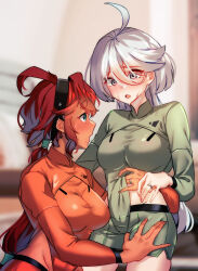 Rule 34 | 2girls, ahoge, blush, breasts, dark-skinned female, dark skin, green eyes, grey eyes, gundam, gundam suisei no majo, hairband, hand under clothes, highres, indoors, jewelry, leotard, long hair, looking at another, medium breasts, miorine rembran, multiple girls, open mouth, ponytail, red hair, ring, shorts, suletta mercury, tomoru (tomanvil 3), wedding ring, white hair, wife and wife