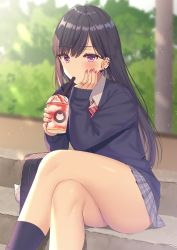 Rule 34 | 1girl, bag, black hair, black socks, black sweater, blurry, blurry background, blush, collared shirt, commentary request, crossed legs, cup, depth of field, disposable cup, drinking straw, ear piercing, earrings, grey skirt, highres, holding, holding cup, izumo neru, jewelry, long hair, long sleeves, looking at viewer, nail polish, original, piercing, pleated skirt, purple eyes, purple nails, ring, school bag, school uniform, shirt, sitting, sitting on stairs, skirt, sleeves past wrists, socks, solo, stairs, stone stairs, stud earrings, sweater, thighs, very long hair, white shirt