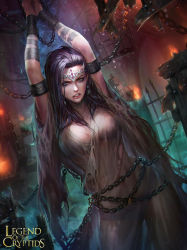 Rule 34 | 1girl, arms up, black bra, black hair, black panties, bound, bound wrists, bra, breasts, chain, cleavage, fence, green eyes, indoors, legend of the cryptids, long hair, looking at viewer, neoartcore, panties, restrained, see-through, solo, tiara, underwear