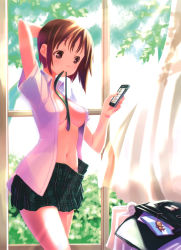 Rule 34 | 1girl, absurdres, arm up, blush, breasts, brown eyes, brown hair, cellphone, curtains, dressing, highres, holding, midriff, mouth hold, navel, no bra, open clothes, open shirt, original, panties, phone, ribbon, scan, shirt, short hair, skirt, solo, sunlight, table, underwear, wadapen, wadapen&#039;s short brown haired girl, wind, window