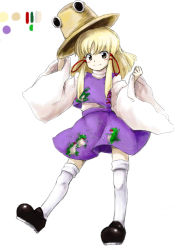 Rule 34 | 1girl, animal print, blonde hair, blush, blush stickers, color guide, frog print, full body, hat, huyusilver, long hair, looking at viewer, moriya suwako, official style, parody, shoes, skirt, smile, solo, style parody, thighhighs, touhou, turtleneck, wide sleeves, yellow eyes, zettai ryouiki, zun (style)