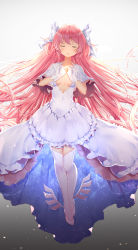 Rule 34 | arms up, blue dress, breasts, capelet, chahei, cleavage cutout, closed eyes, clothing cutout, dress, facing viewer, gloves, glowing, gradient background, grey background, hair ribbon, highres, jewelry, kaname madoka, layered dress, light particles, long hair, mahou shoujo madoka magica, mahou shoujo madoka magica (anime), parted lips, pink hair, ribbon, small breasts, starry sky print, thighhighs, twintails, two side up, ultimate madoka, very long hair, white footwear, white gloves, white legwear