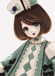 Rule 34 | 1girl, aqua dress, black bow, blush, bow, brown hair, center frills, commentary request, dress, frills, green eyes, grey background, hat, hat bow, highres, keikujaku, kiru (m putorius), long sleeves, looking at viewer, open mouth, rozen maiden, short hair, simple background, sleeves past wrists, smile, solo, upper body