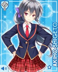 Rule 34 | 1girl, blazer, blue background, blue jacket, bow, breasts, card (medium), character name, closed mouth, female focus, girlfriend (kari), grey hair, hands on own hips, jacket, long hair, necktie, official art, plaid, plaid skirt, pout, purple bow, qp:flapper, red neckwear, red skirt, school uniform, shigeto akiho, shirt, skirt, small breasts, standing, tagme, white shirt