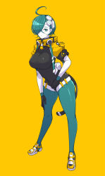 Rule 34 | 1girl, aqua eyes, aqua hair, aqua thighhighs, black gloves, breasts, cleavage, full body, gloves, hair over one eye, highres, large breasts, original, pale skin, shoes, short hair, short sleeves, simple background, solo, standing, thighhighs, ub1mo, yellow background, yellow footwear
