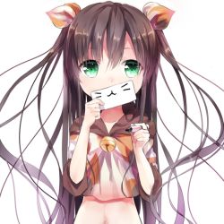 Rule 34 | 1girl, :3, bad id, bad pixiv id, bell, brown hair, covering own mouth, green eyes, hair ornament, jingle bell, long hair, looking at viewer, marker, opopowa, original, simple background, solo, twintails, white background