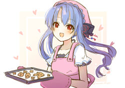 Rule 34 | 1girl, :d, apron, black bow, blue hair, blush, bow, braid, canaca chiyuri, commentary request, cookie, crown braid, eyes visible through hair, floating hair, food, hair between eyes, hair bow, happy, heart, holding, holding tray, long hair, looking at viewer, mittens, open mouth, pink apron, pink mittens, red eyes, shirt, short sleeves, simple background, sketch, smile, solo, sorakado ao, summer pockets, tray, twitter username, upper body, white background, white shirt