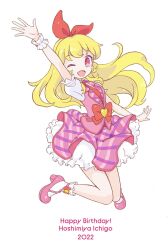 Rule 34 | 1girl, ;d, aikatsu!, aikatsu! (series), arm up, blonde hair, bow, character name, collared shirt, commentary request, full body, hair bow, hairband, happy birthday, high heels, highres, hoshimiya ichigo, idol clothes, kima (kmpt), long hair, looking at viewer, mary janes, necktie, one eye closed, open mouth, petticoat, pink eyes, pink footwear, pink skirt, pink vest, pleated skirt, puffy short sleeves, puffy sleeves, red bow, red hairband, red necktie, shirt, shoes, short sleeves, simple background, skirt, smile, socks, solo, vest, white background, white shirt, white socks