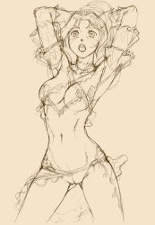 Rule 34 | 00s, 1girl, animal ears, arms up, bad id, bad pixiv id, breasts, collarbone, commentary, doku sasori, final fantasy, final fantasy xi, midriff, mithra (ff11), monochrome, navel, nipples, open mouth, ponytail, pussy, sketch, solo, standing, translation request