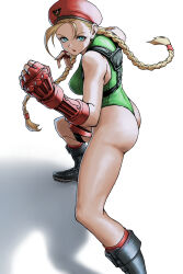 Rule 34 | 1girl, ahoge, antenna hair, ass, beret, blonde hair, blue eyes, boots, braid, breasts, cammy white, clenched hand, facial scar, fighting stance, fingerless gloves, gloves, green leotard, hat, highres, leotard, looking at viewer, medium breasts, open mouth, red gloves, scar, scar on cheek, scar on face, solo, strap, street fighter, street fighter v, thigh strap, thighs, thong leotard, twin braids, white background, x chitch