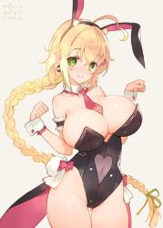 Rule 34 | 1girl, ahoge, animal ears, arm garter, balloon vine (flower knight girl), bare shoulders, beige background, blonde hair, blush, braid, breasts, cleavage, cowboy shot, dated, detached collar, earrings, fake animal ears, flower knight girl, gluteal fold, green eyes, hairband, heart, heart-shaped pupils, heart ahoge, huge breasts, jewelry, leotard, long hair, looking at viewer, navel, necktie, playboy bunny, rabbit ears, simple background, single braid, smile, solo, symbol-shaped pupils, thigh gap, very long hair, wrist cuffs, zhuzi