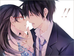 Rule 34 | 1boy, 1girl, akutabe, black hair, blue eyes, couple, eye contact, glasses, grabbing another&#039;s chin, hand on another&#039;s chin, imminent kiss, jacket, kudou (90n), long hair, looking at another, necktie, no eyebrows, sakuma rinko, shirt, short hair, striped clothes, striped shirt, suit jacket, vertical-striped clothes, vertical-striped shirt, yondemasu yo azazel-san.